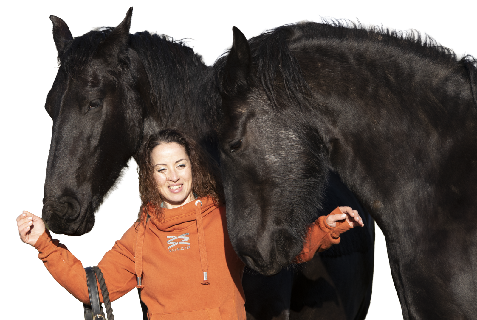 Two black horses beside a person. Fast-Track Equestrian Coach - Clare Gangadeen