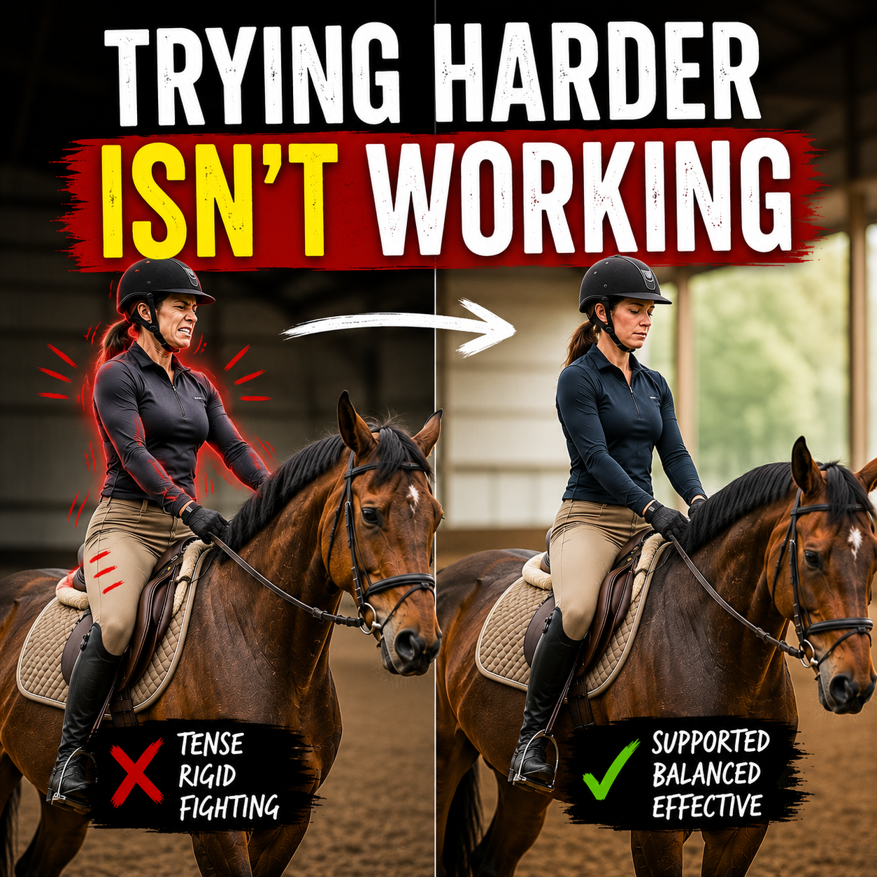 ChatGPT Image Aug 5, 2026, 01_19_03 PM An image of a horse rider trying really hard vs a relaxed and in control rider