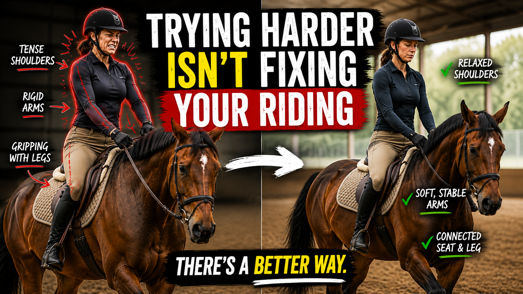 ChatGPT Image Aug 5, 2026, 01_19_53 PM An image showing a horse rider trying really hard in the saddle vs a relaxed rider who is in control of their body