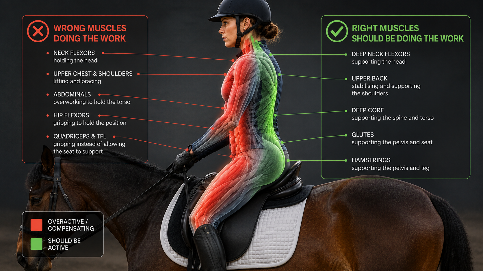 Equestrian Muscle Balance Infographic - Landscape Image showing the wrong muscles riders use vs the right muscles that should be used