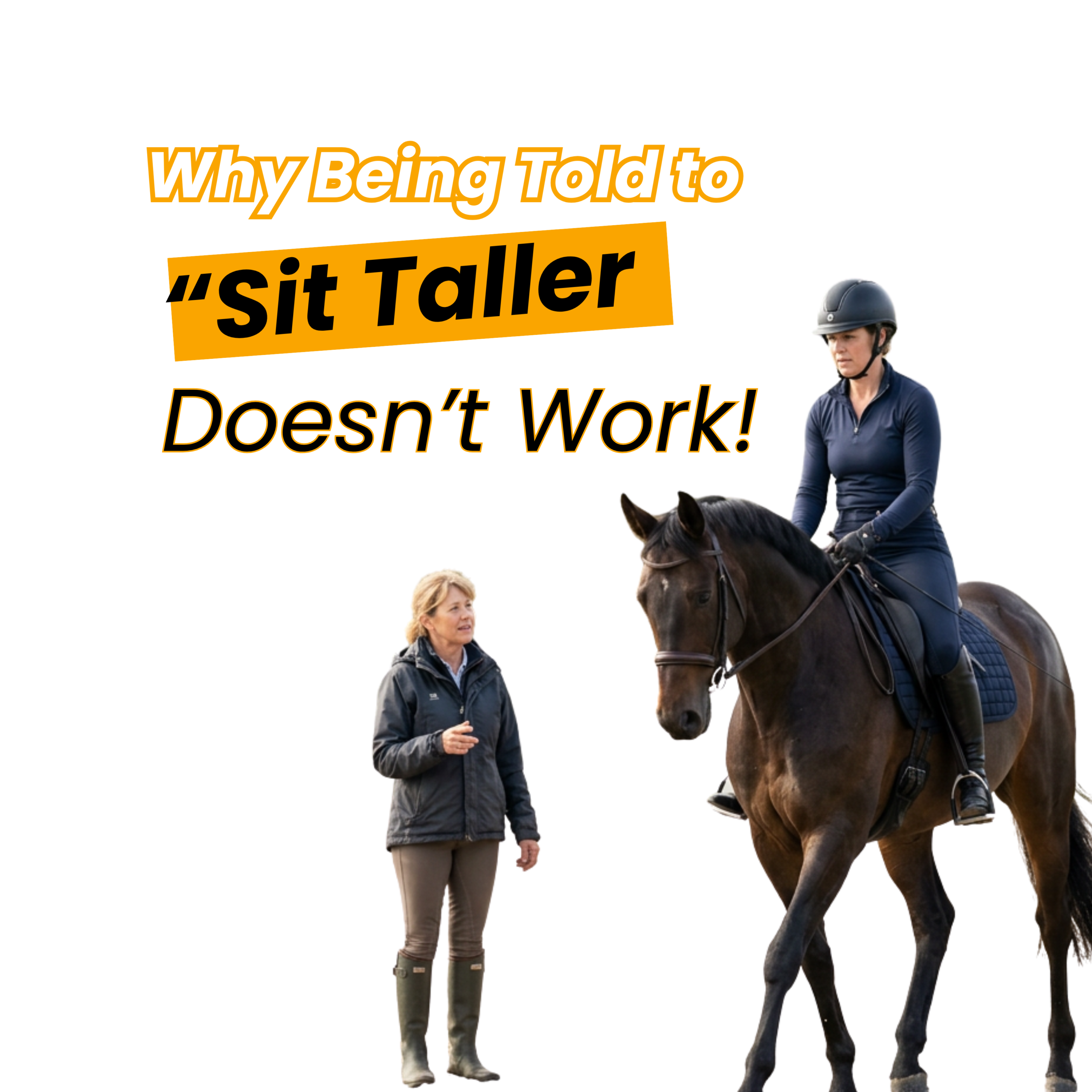 An image showing a horse riding having a lesson but struggling to sit up taller as her instructor is asking