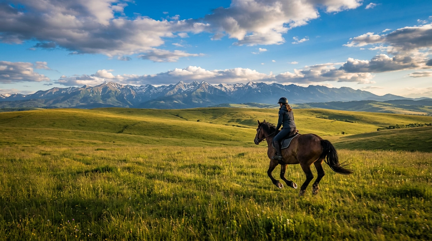 Rider Cantering across Romania Mountain Landscape Rider Cantering across Romania Mountain Landscape