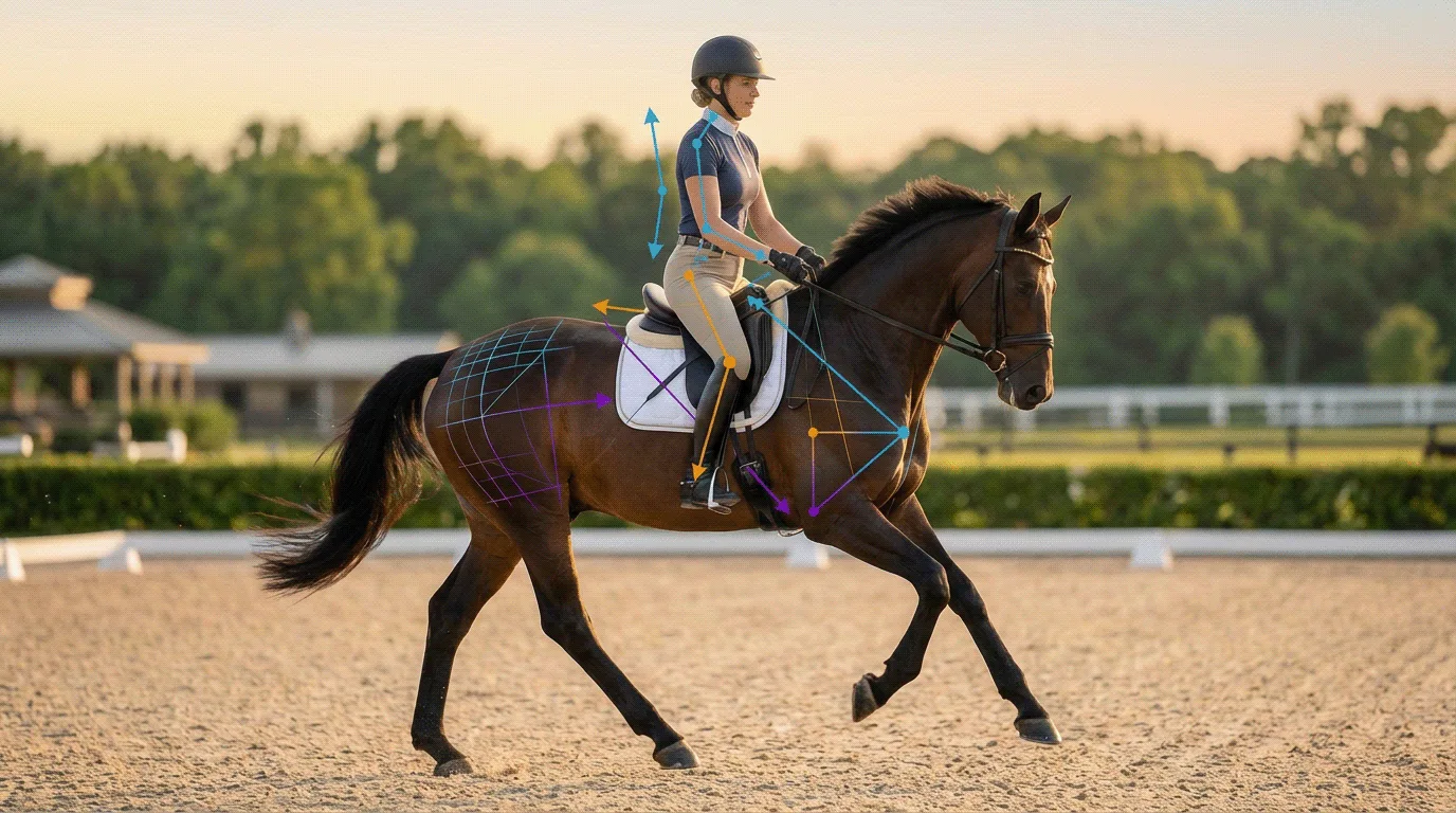 A horse rider with various forces travelling through the body to create stability